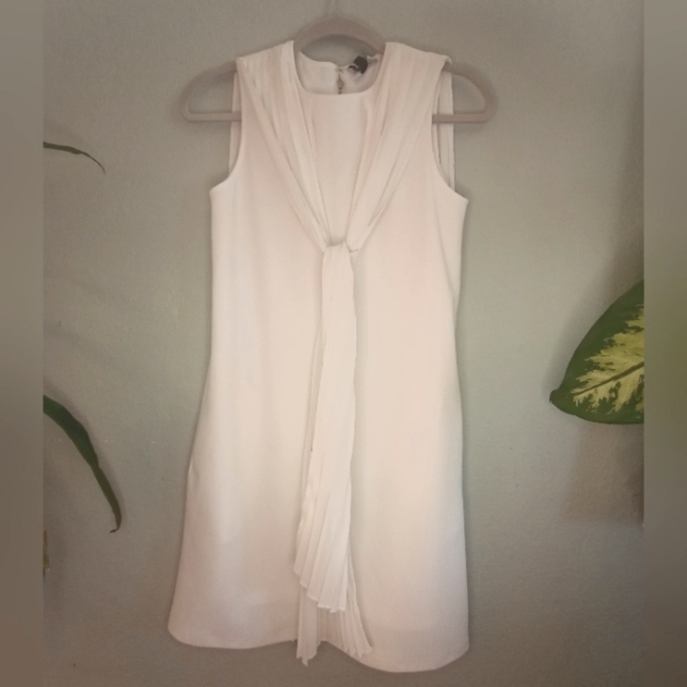 Gracia Flowy Sheath Dress With Pleated Sheer White Draped Knotted Overlay - Picture 3 of 13